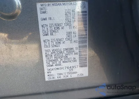 2015 Nissan Rogue Sv z USA, uszkodzony, nr VIN 5N1AT2MV3FC764957